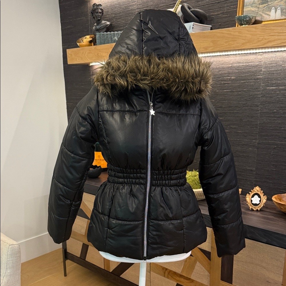 Girls size L Black Puffer Jacket with Faux Fur Hood